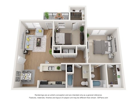 Floor plan for 2 beds, 2 baths, 1000 sqft